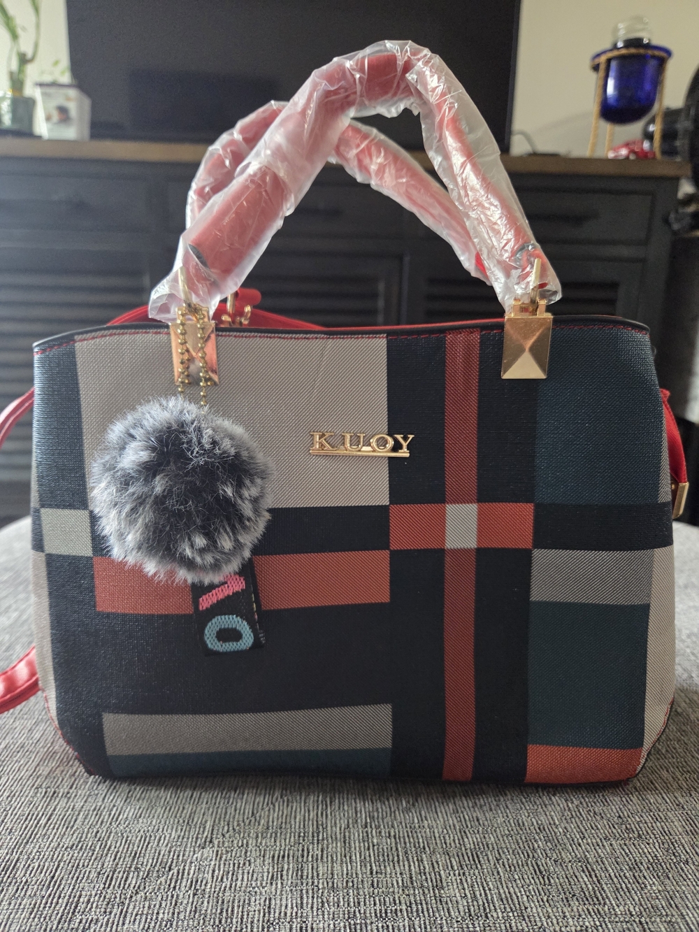 Kuoy Plaid Satchel Shoulder Bag Red, Black & Gray with Pom Charm
